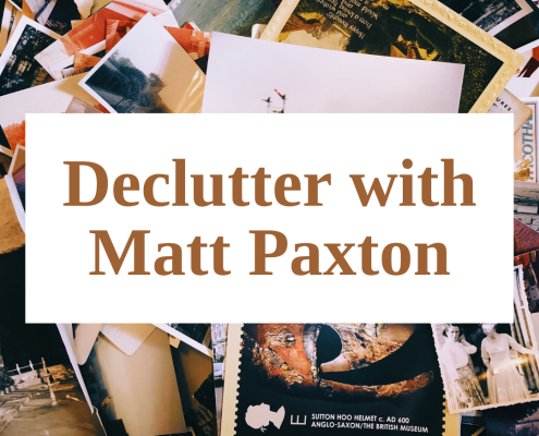 Declutter with Matt Paxton in brown over a stack of photographs